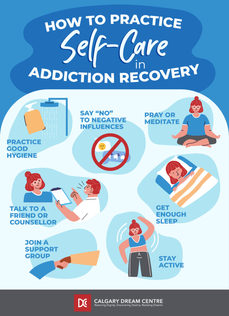 An infographic highlighting way to practice self-care during addiction recovery.